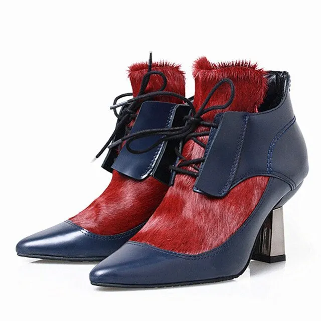 Horsehair Ankle Boots Fashion Mixed Color Women Pumps